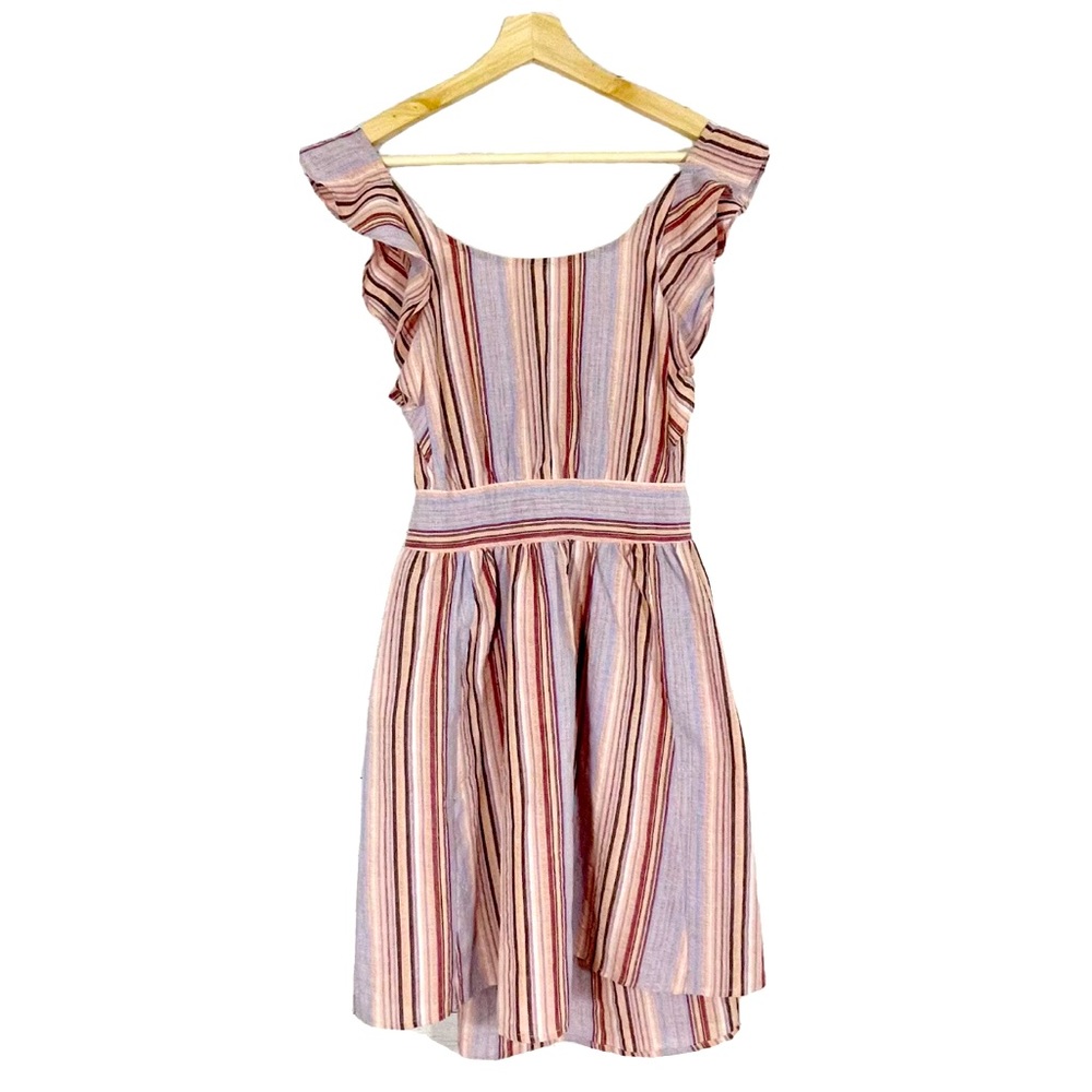 Hem and Thread Tie Back Dress Ruffle Striped Pink Sz M